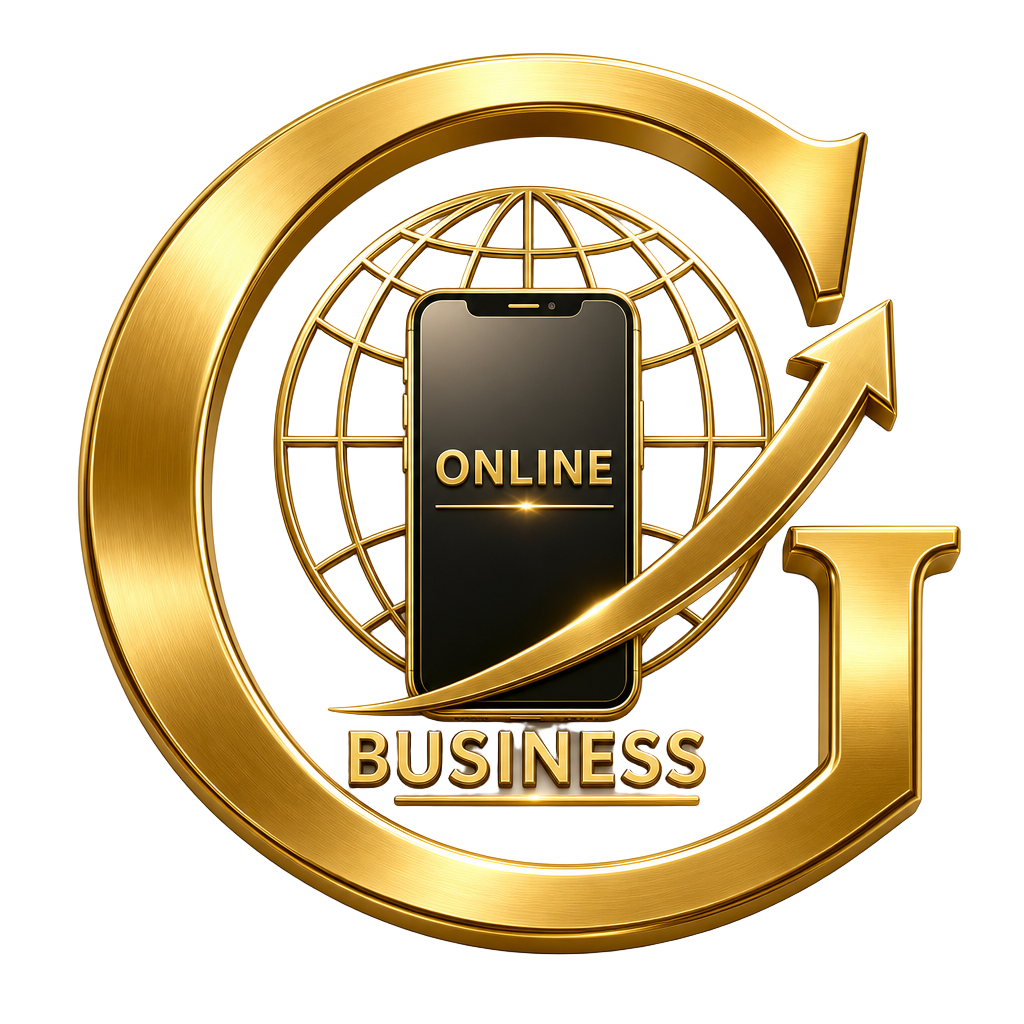 Gold AI Business logo: a gold letter G with a smartphone showing ONLINE, a globe with BUSINESS beneath it and an upward growth arrow