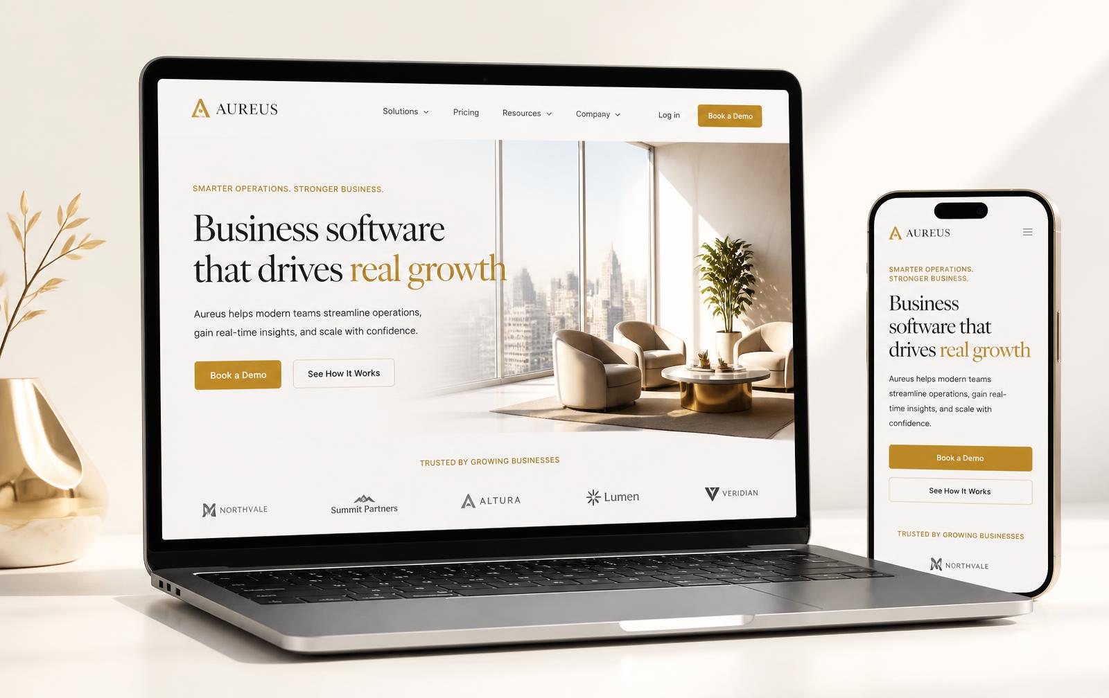 Example AI-generated business website shown on a laptop and a smartphone